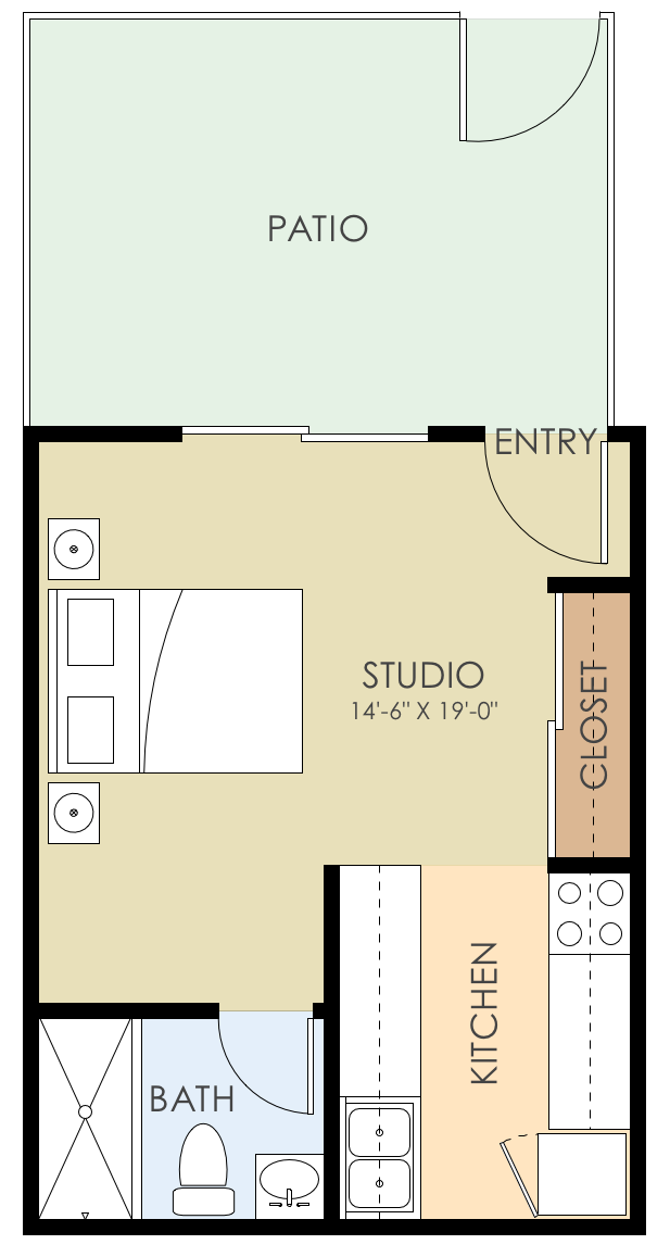 Floor plan for studio, 1 bath, 280 sqft